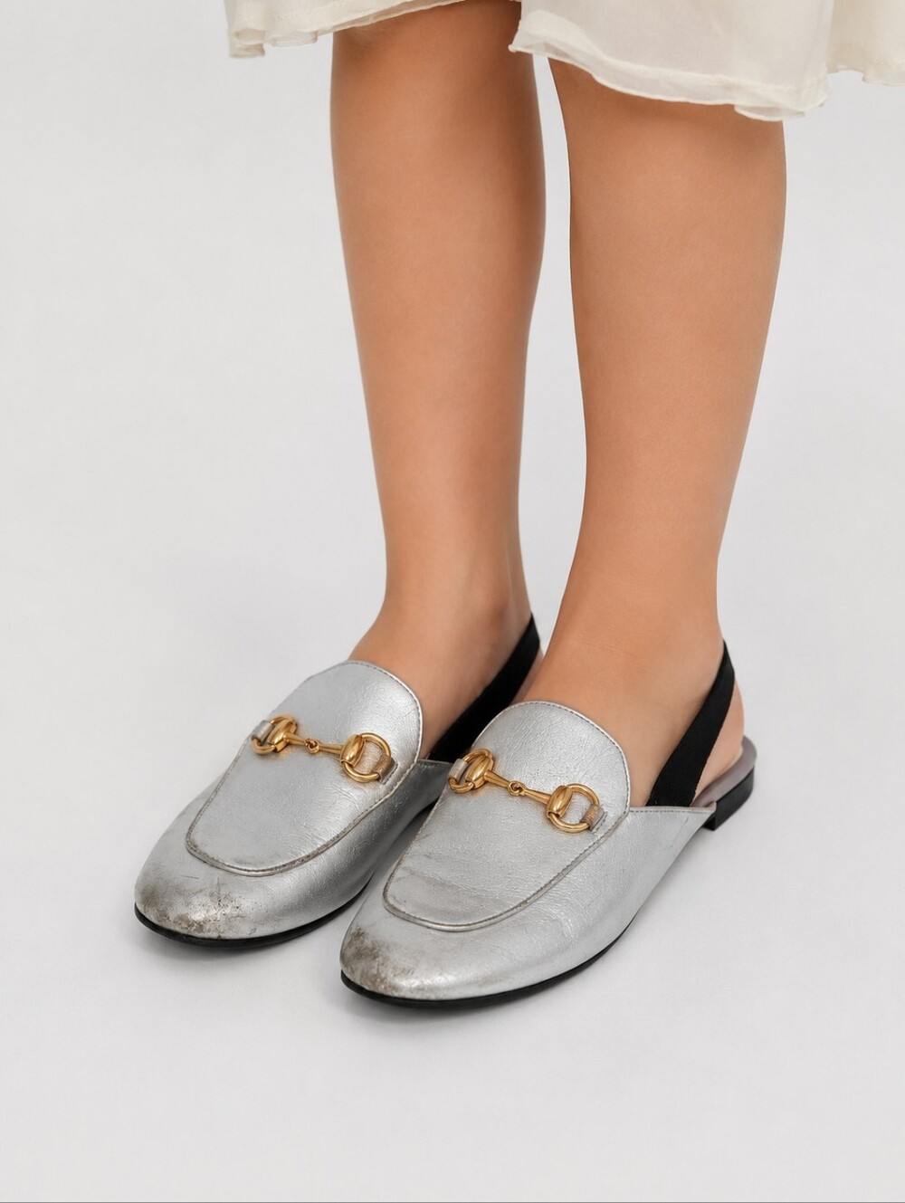 Gucci Girls Silver Horsebit Slingback Slides Flats Size 30 US 12.5